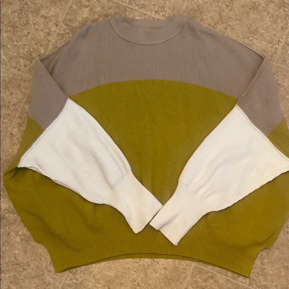 Free People Colorblock Crewneck Sweater in Olive, Taupe & White